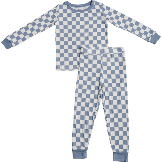 Blue checkered bamboo cozy set for babies and kids, soft ribbed two-piece outfit from McKay and Rae boutique