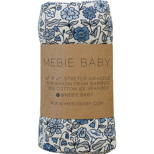 Blue floral baby swaddle blanket by Mebie Baby