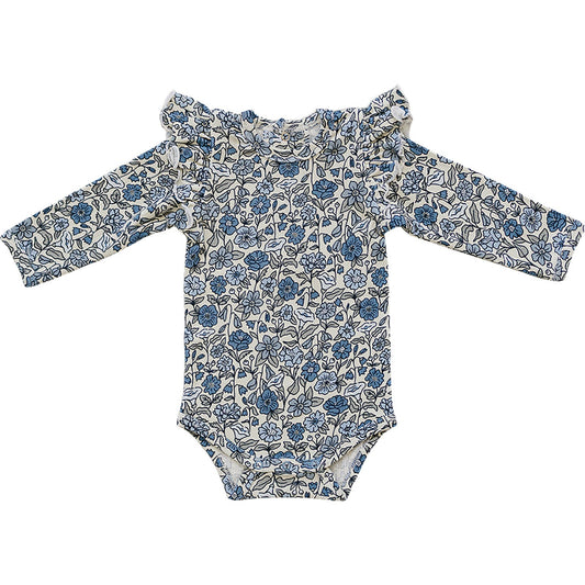Long-sleeve baby bodysuit with blue floral print and ruffle detail