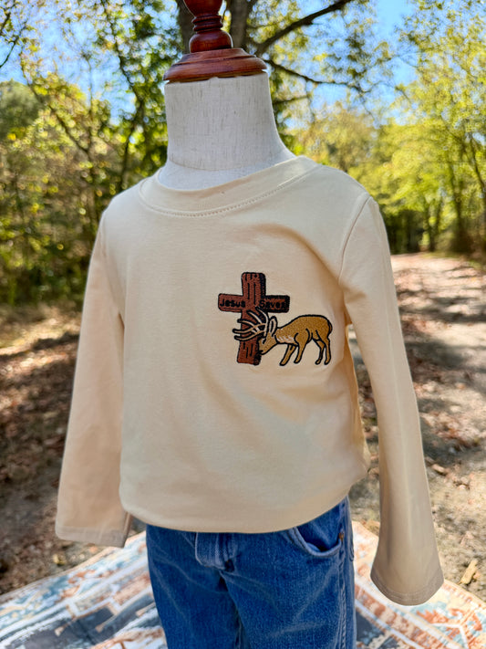 Boys Christian long sleeve shirt with embroidered deer and rustic cross design