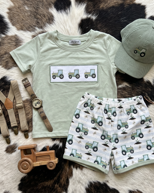 Boys tractor outfit set with green shirt and farm print shorts, comfortable kids outfit for everyday wear