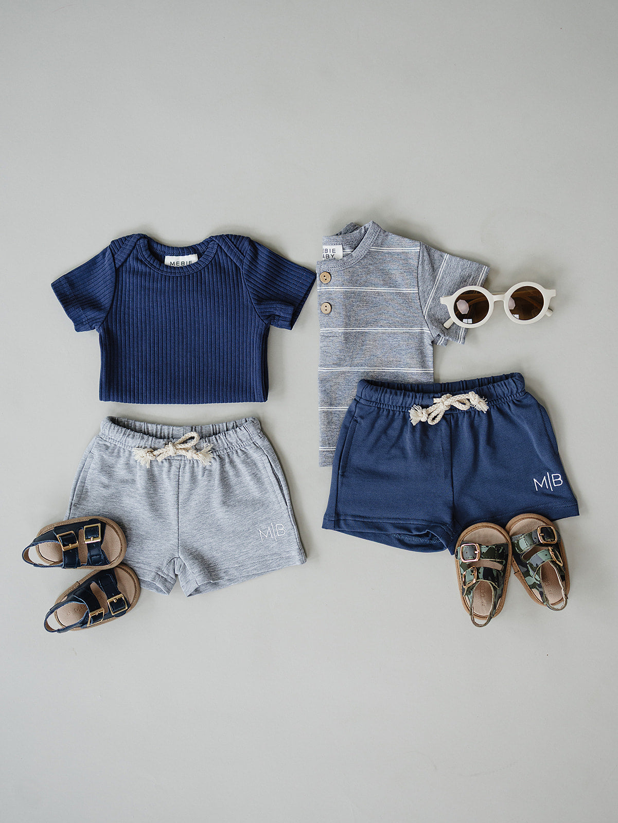 navy blue coastal vibes shorts for baby and toddler boys with matching shirts