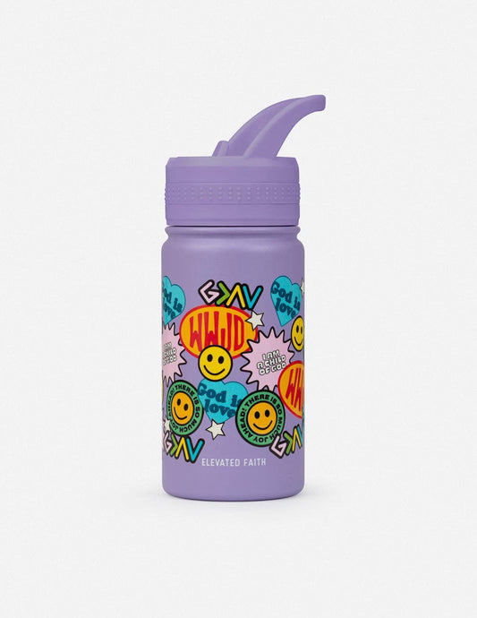 Purple water bottle with colorful smiley face designs on a white background