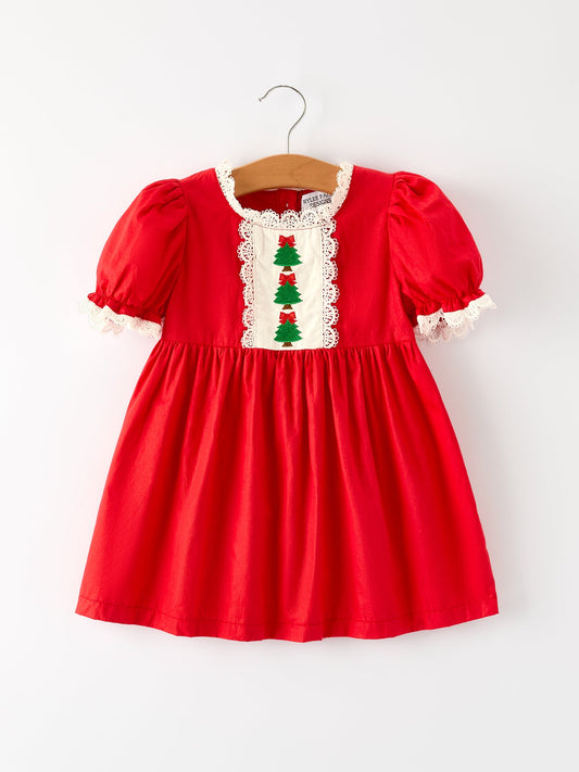 Red Christmas dress with embroidered trees and lace trim