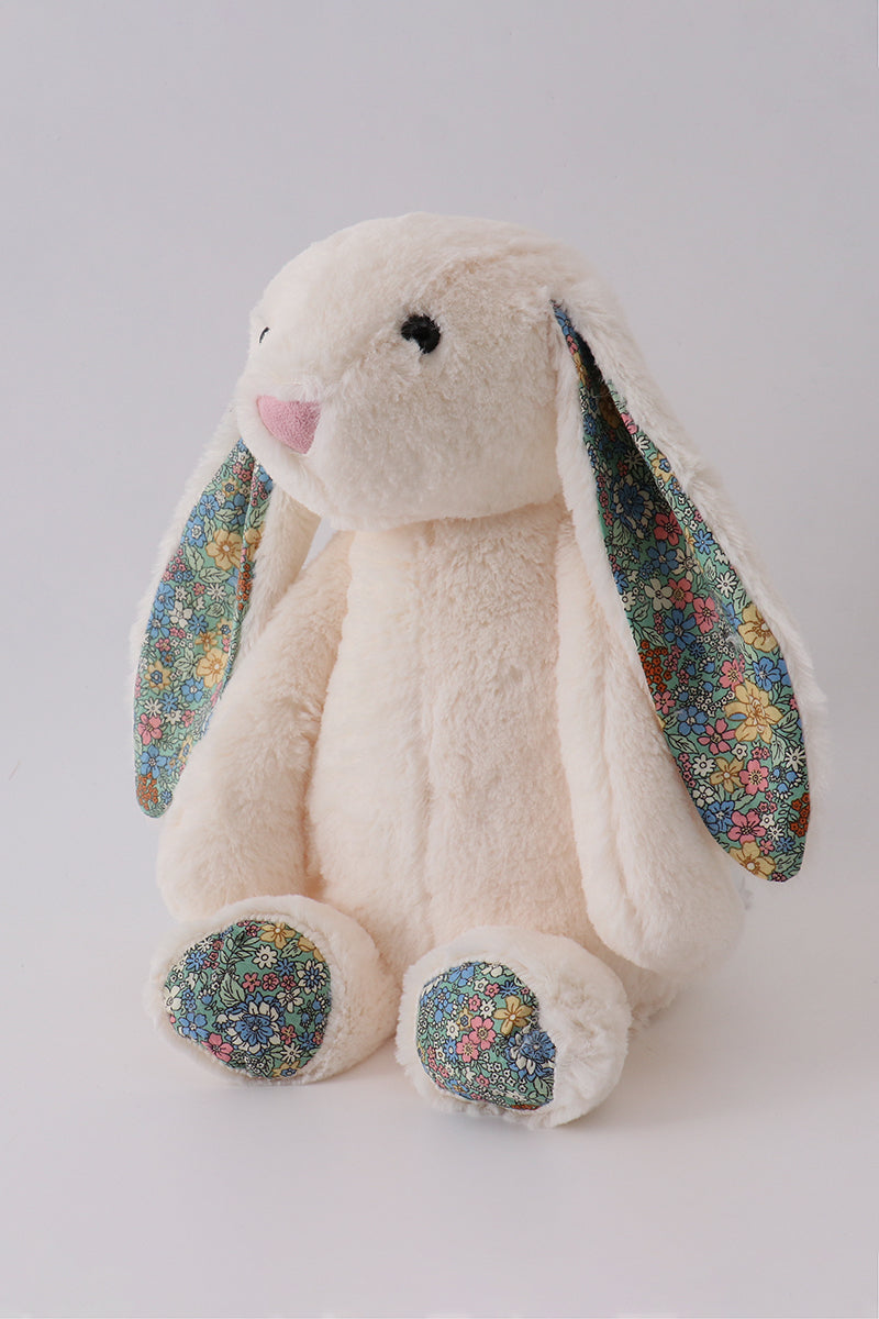 Cream floral plush bunny stuffed animal with floral ears and paws, 16 inch soft Easter bunny for toddlers and baby gifts