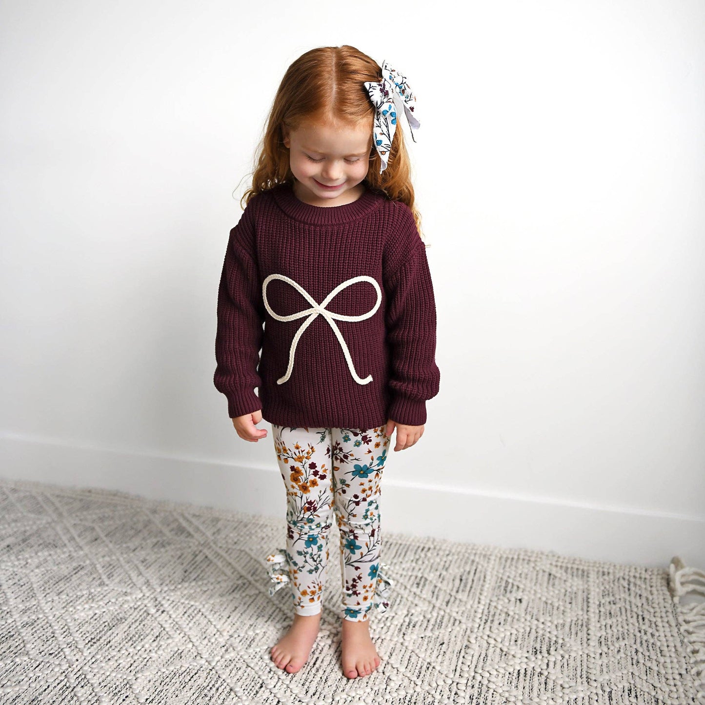 Coquette Maroon Chunky Knit Baby Sweater with Cream Bow Detail