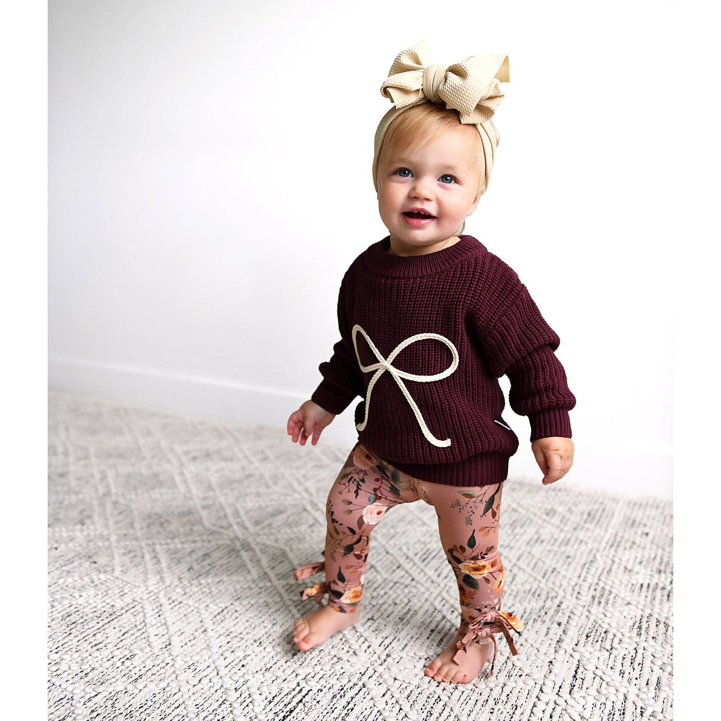 Coquette Maroon Chunky Knit Baby Sweater with Cream Bow Detail