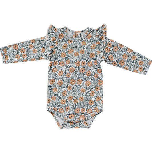 Floral Meadow long sleeve onesie with ruffles at the top of the sleeves