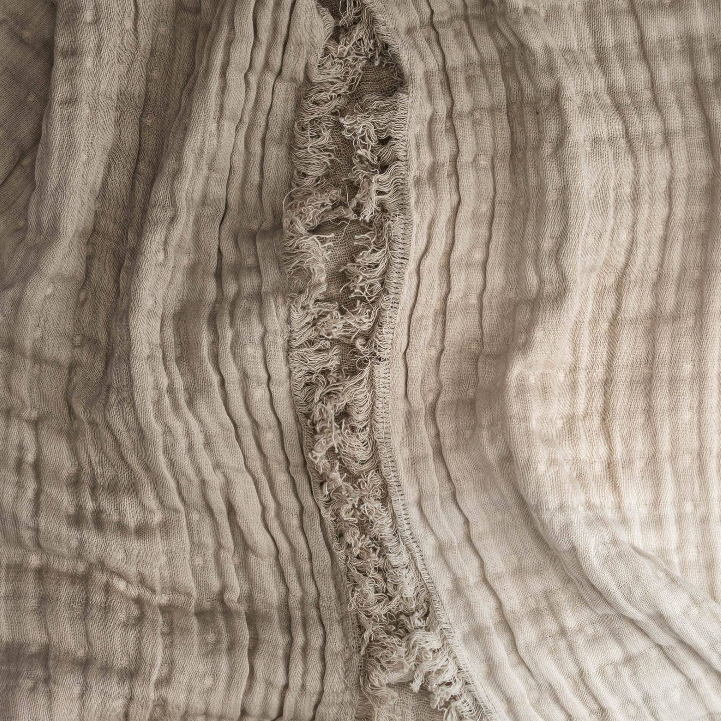 Soft breathable muslin baby blanket with fringed edges in grey