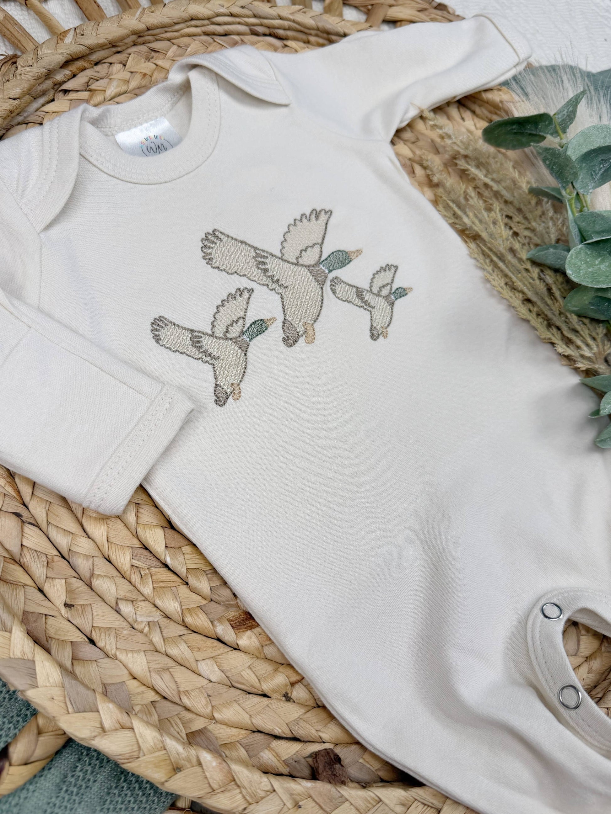 natural cotton romper with embroidered mallard ducks for newborn baby