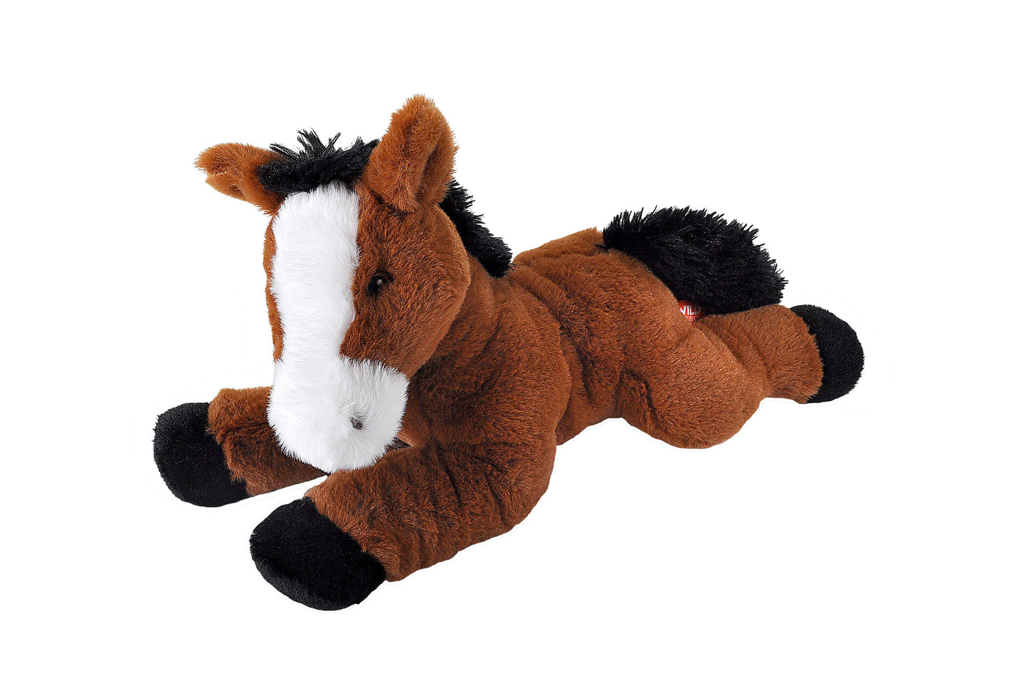 Plush horse toy with brown body, black mane, and white face on a white background