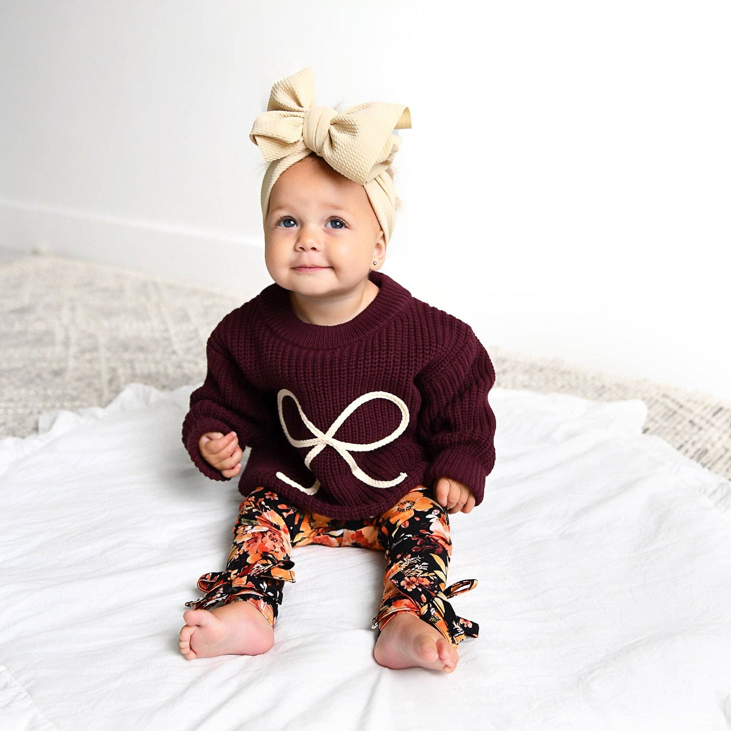 Coquette Maroon Chunky Knit Baby Sweater with Cream Bow Detail