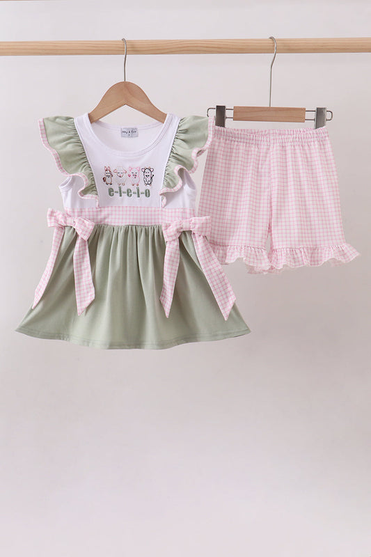 Farm animal embroidered toddler girl outfit with sage green top and pink gingham shorts