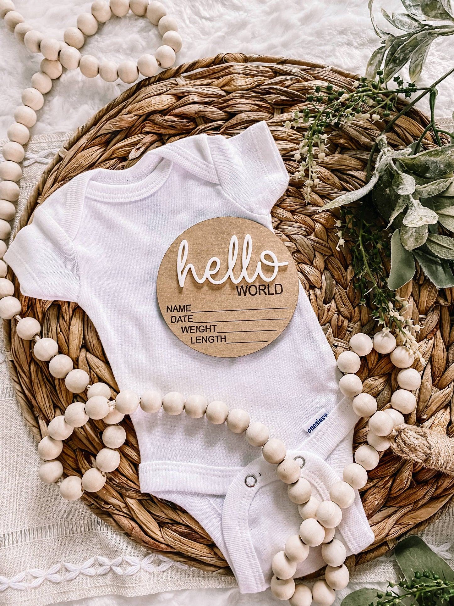 Hello World Birth Announcement Wood Disc