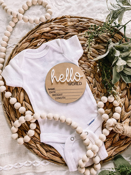Hello World Birth Announcement Wood Disc