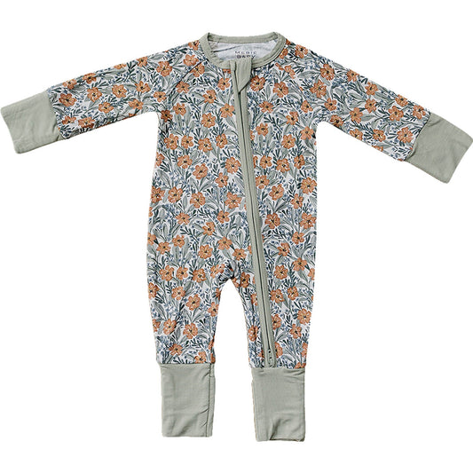 Dainty Floral Meadow two way zip, bamboo pajama for baby girls. 