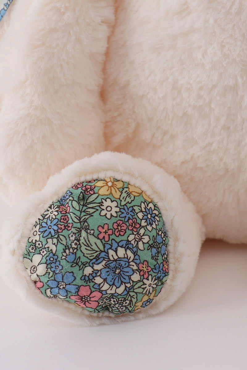 Close up of floral fabric detail on bunny paw, 16 inch plush bunny stuffed animal