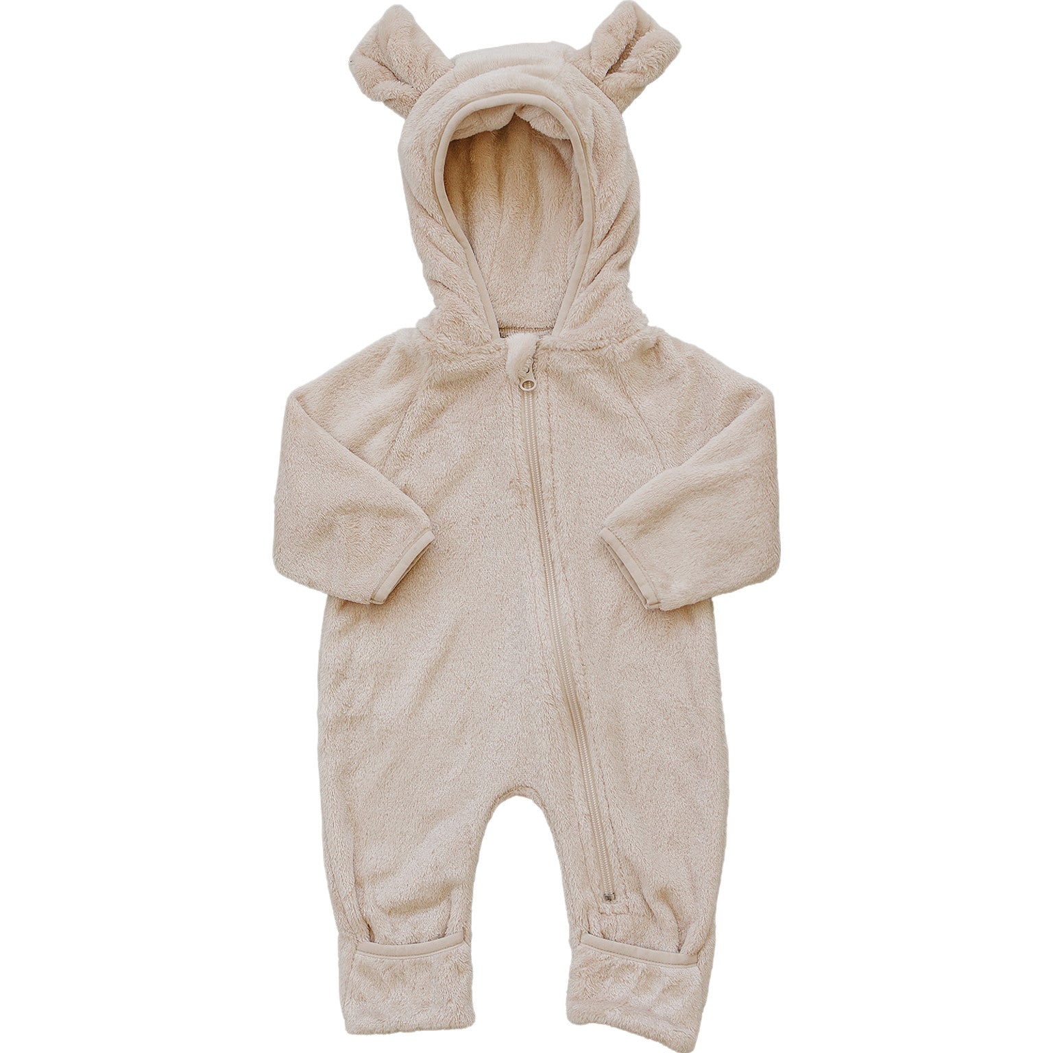 Beige baby onesie with bear ears on a white background