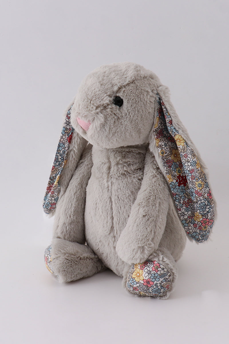 Grey floral plush bunny stuffed animal with patterned ears and paws, 16 inch soft cuddle bunny for Easter basket gift