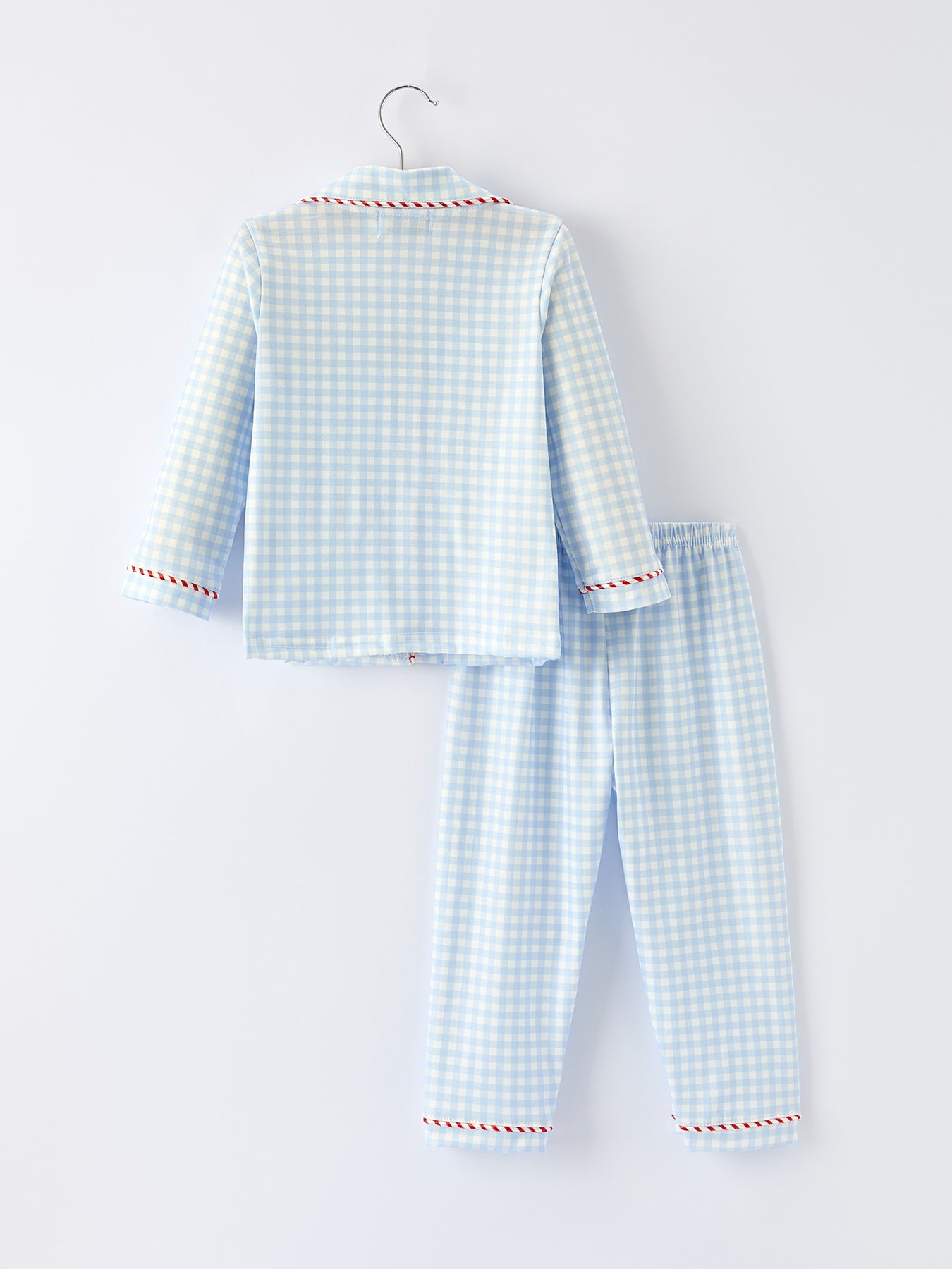 Blue gingham Christmas pajama set for boys and girls with button top and elastic pants