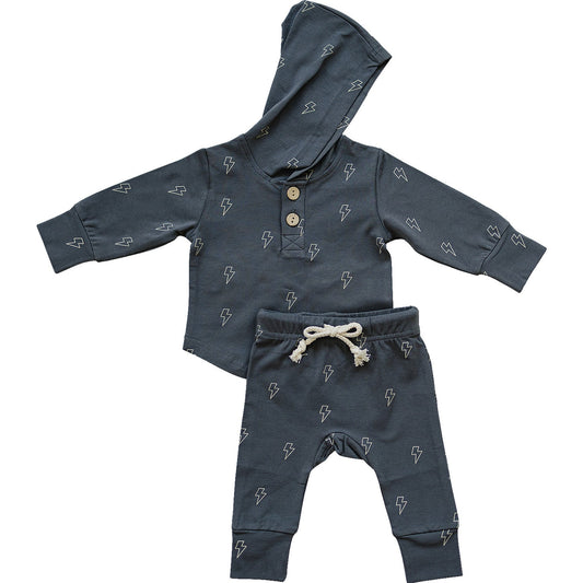 Slate blue baby hoodie and jogger set with lightning bolt print