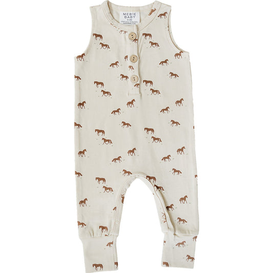 Sleeveless baby romper with brown horse print on ivory fabric