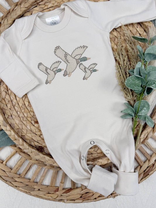 natural cotton romper with embroidered mallard ducks for newborn baby