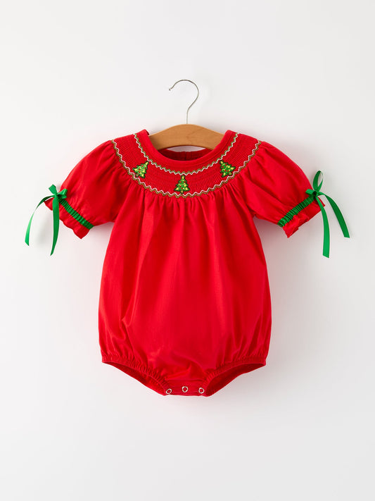 Red baby Christmas bubble romper with smocked trees and green ribbons