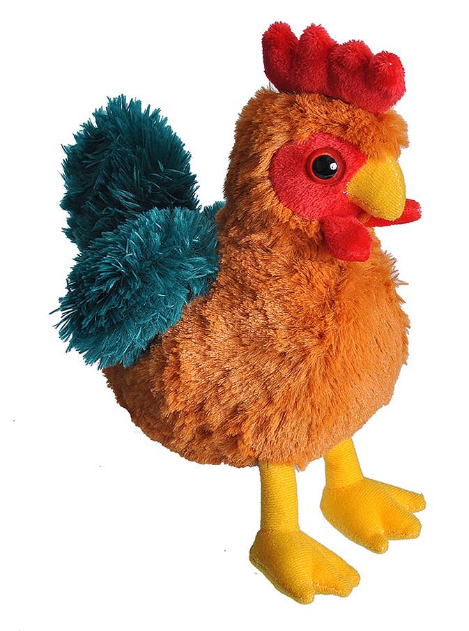 Colorful plush rooster toy on a white background