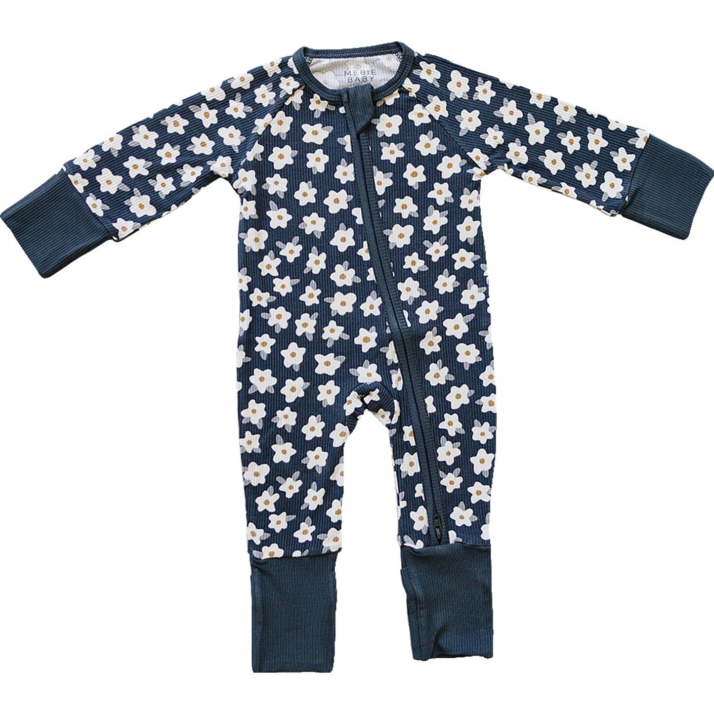 Mebie Baby bamboo zippy sleeper in navy with daisies