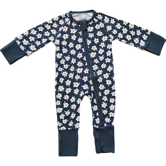 Mebie Baby bamboo zippy sleeper in navy with daisies