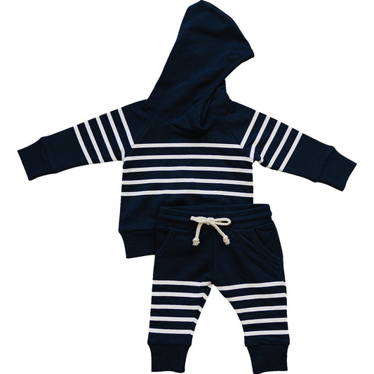 Navy and white striped baby hoodie and jogger set