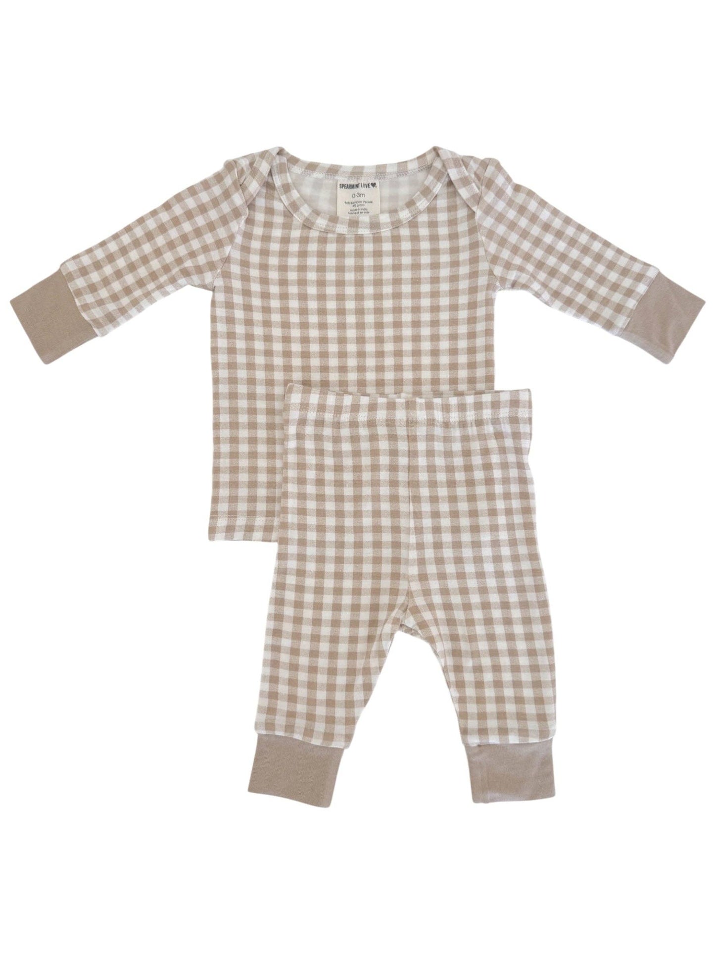 Cozy gingham baby outfit with long sleeves and stretchy matching pants.