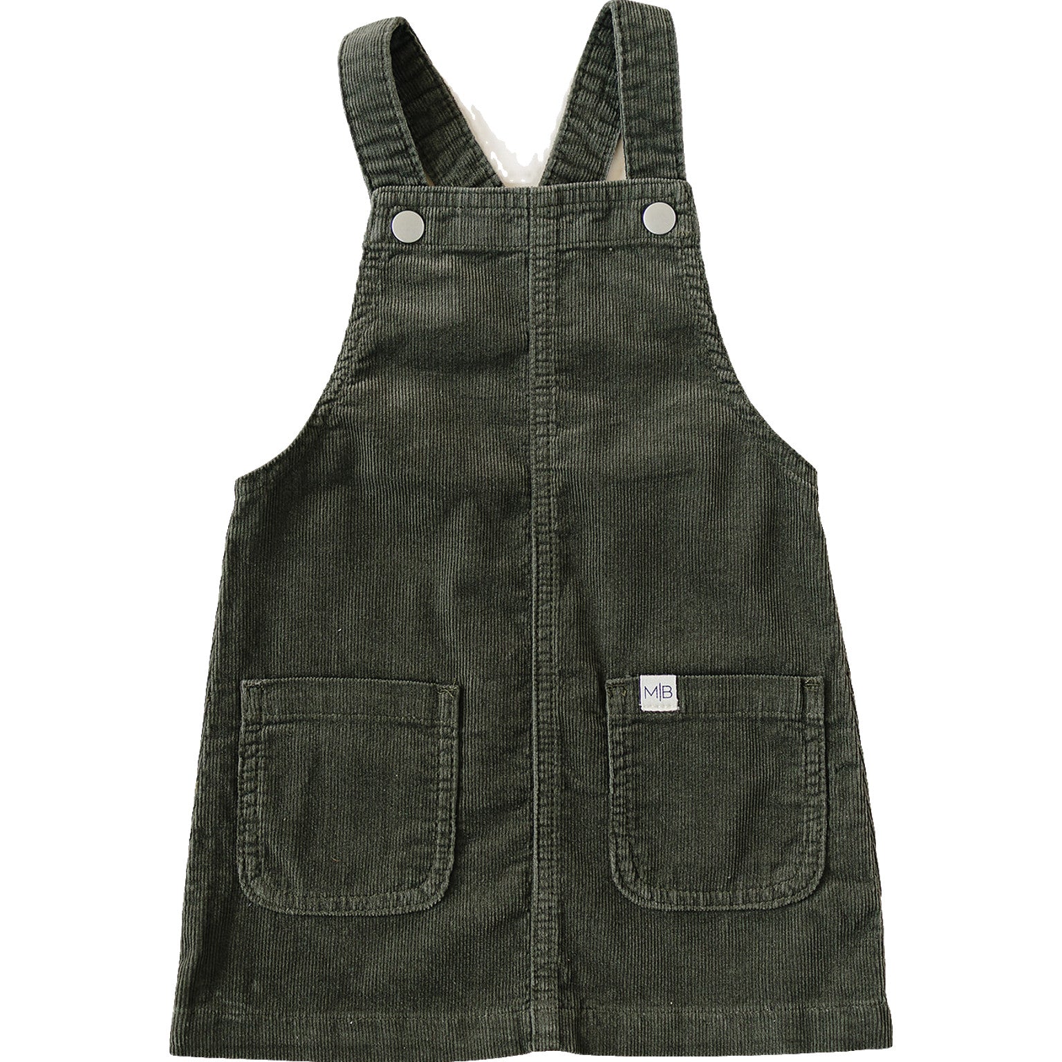 Olive green corduroy overall dress with front pockets