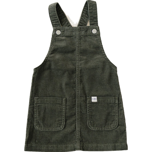 Olive green corduroy overall dress with front pockets