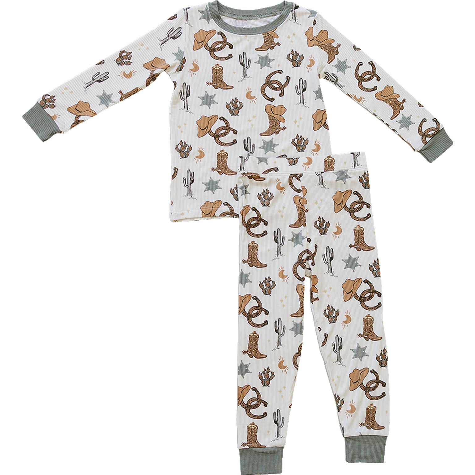 Children's pajama set with cowboy pattern on a white background