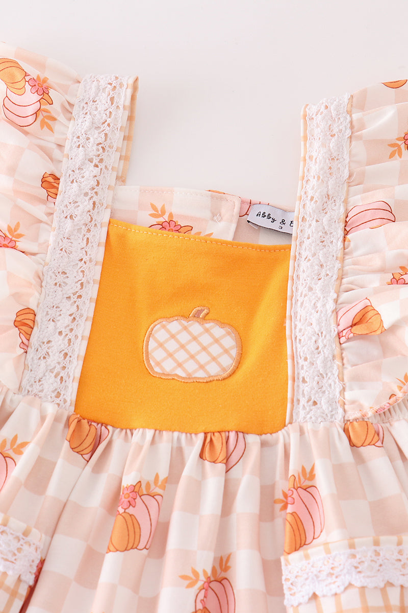 Toddler girl fall boutique outfit with gingham pumpkin top and mustard leggings