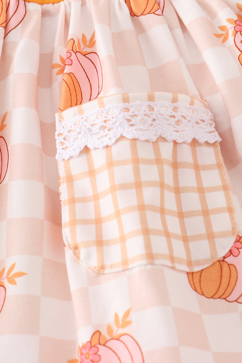 Toddler girl fall boutique outfit with gingham pumpkin top and mustard leggings