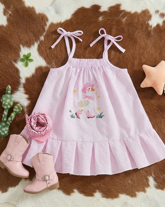 Southern boutique pink seersucker girls dress with playful goose cowgirl embroidery