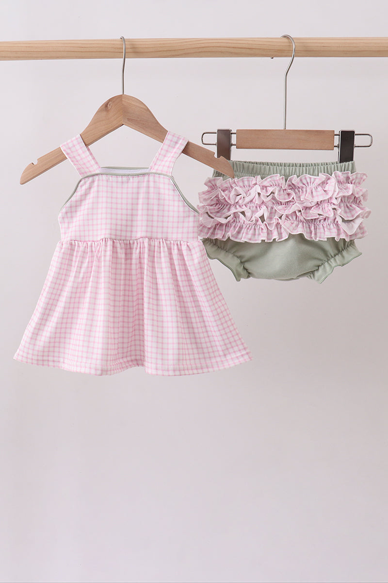 Pink gingham farm animal embroidered top with sage green ruffle bloomers for baby girls
