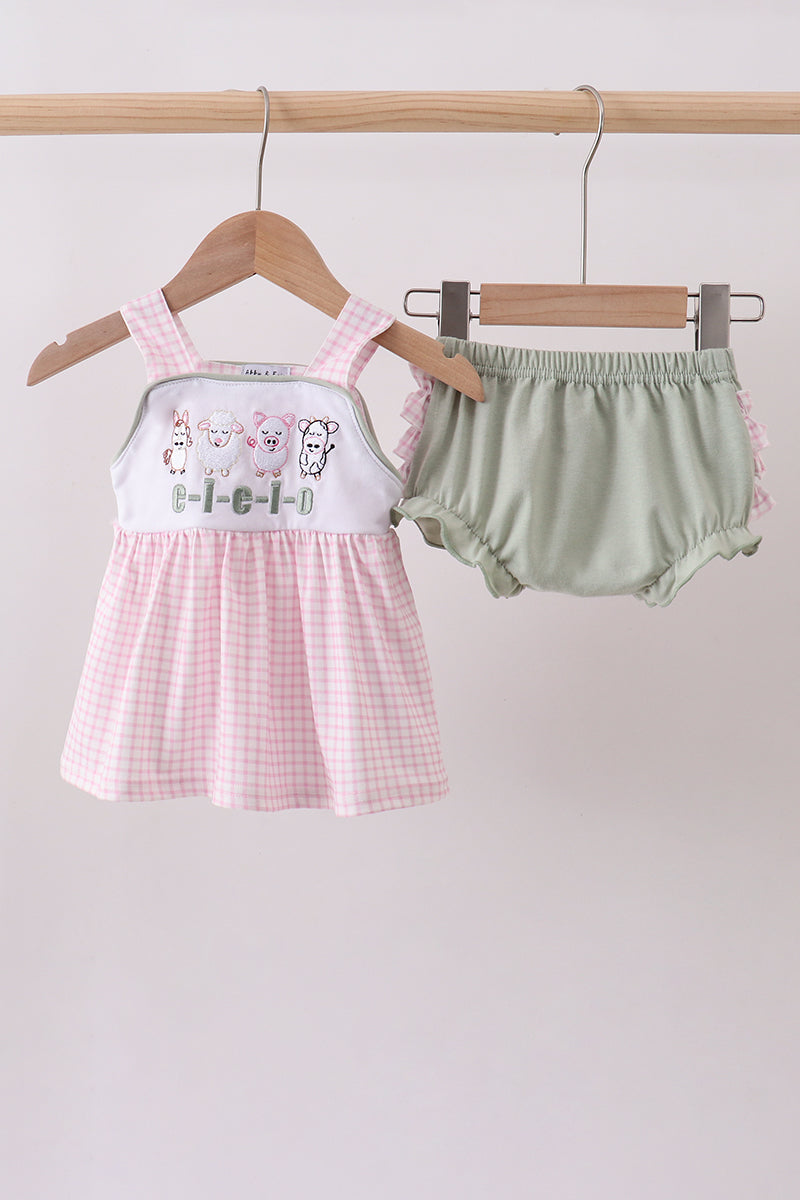 Pink gingham farm animal embroidered top with sage green bloomers for baby girls