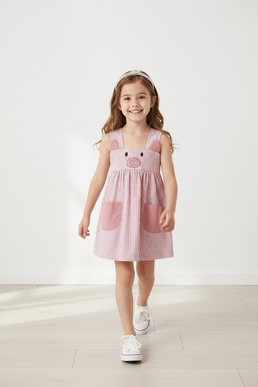 Pink gingham toddler dress with pig face and front pockets