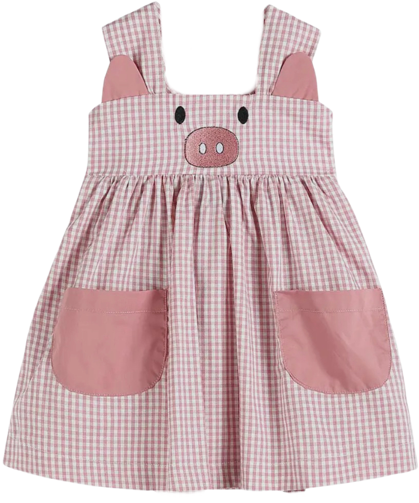 Girls farm dress with pig applique and blush pockets