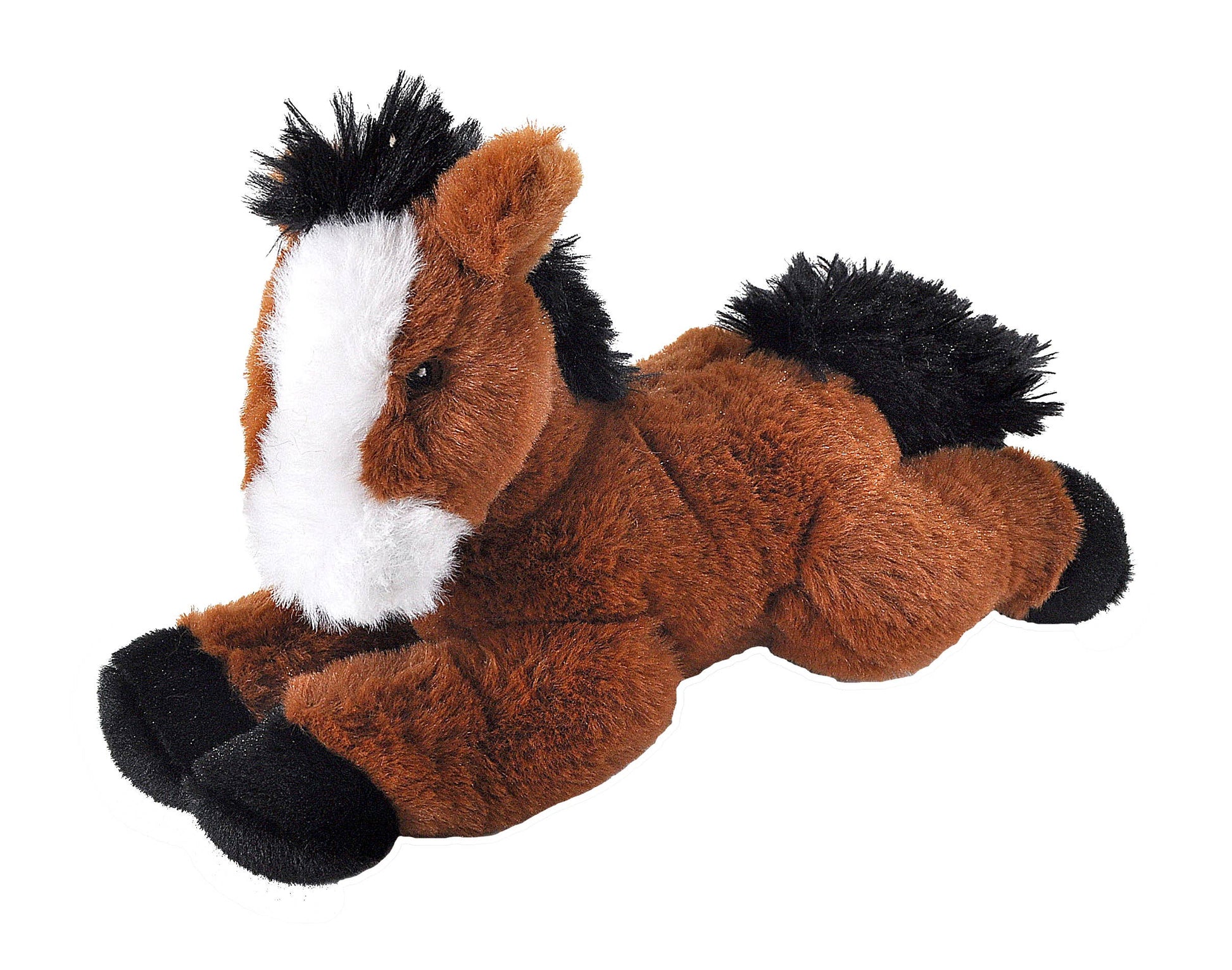 Plush toy horse lying down on a white background