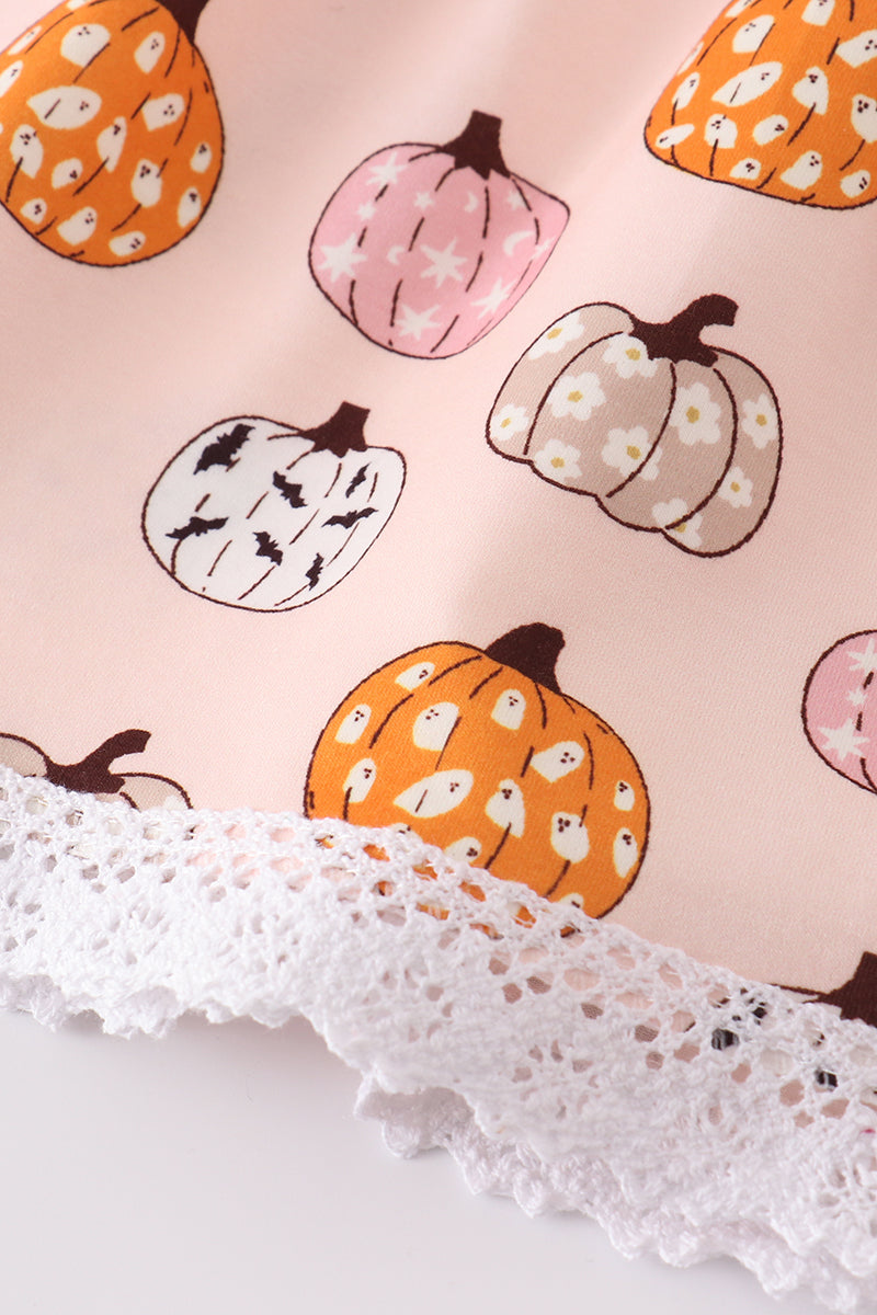 Toddler girl Halloween outfit with pumpkin print tunic and orange polka dot ruffle pants