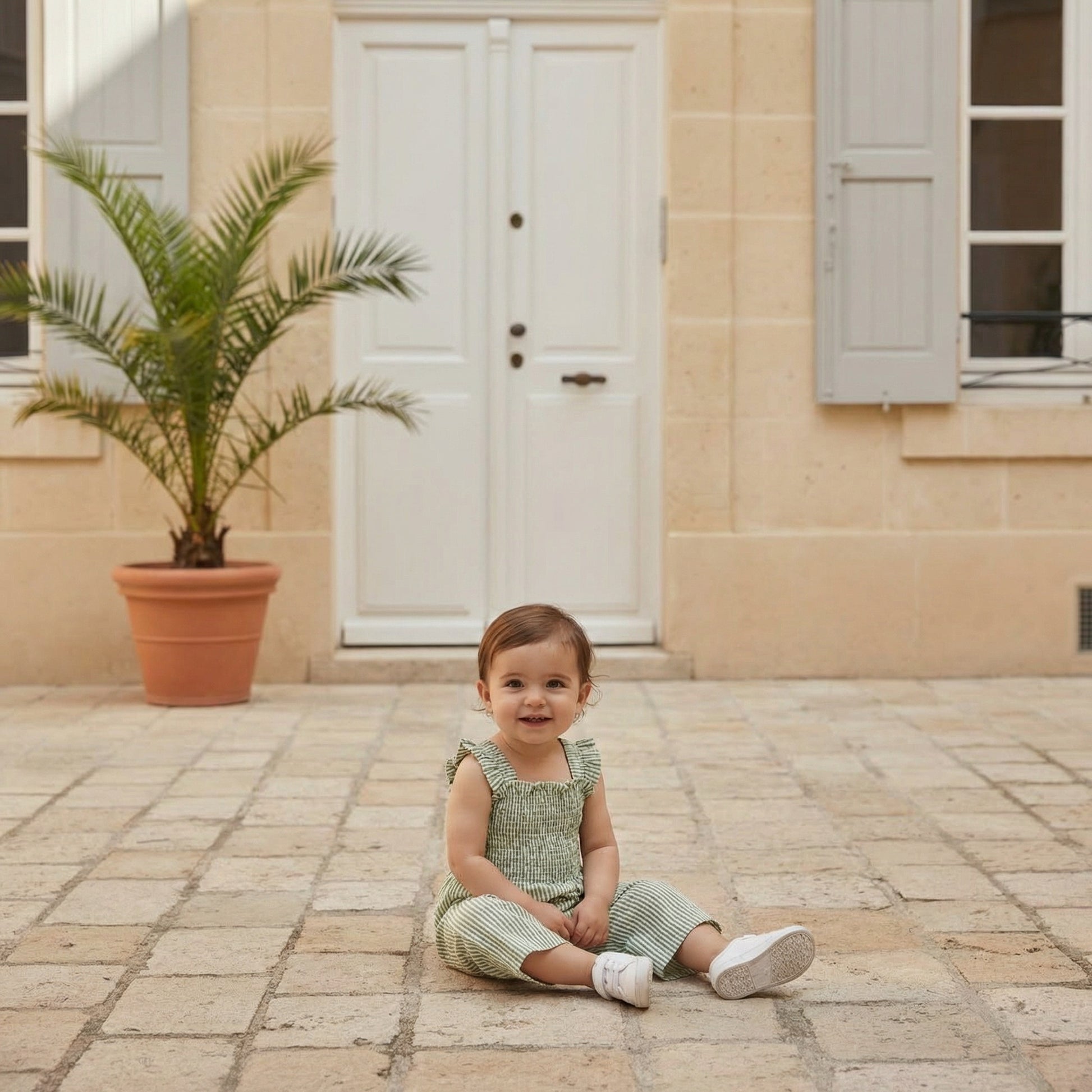 Sage green seersucker smocked jumpsuit for girls with ruffle straps