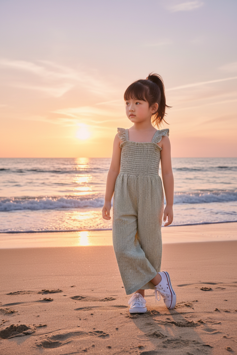 Sage green seersucker smocked jumpsuit for girls with ruffle straps