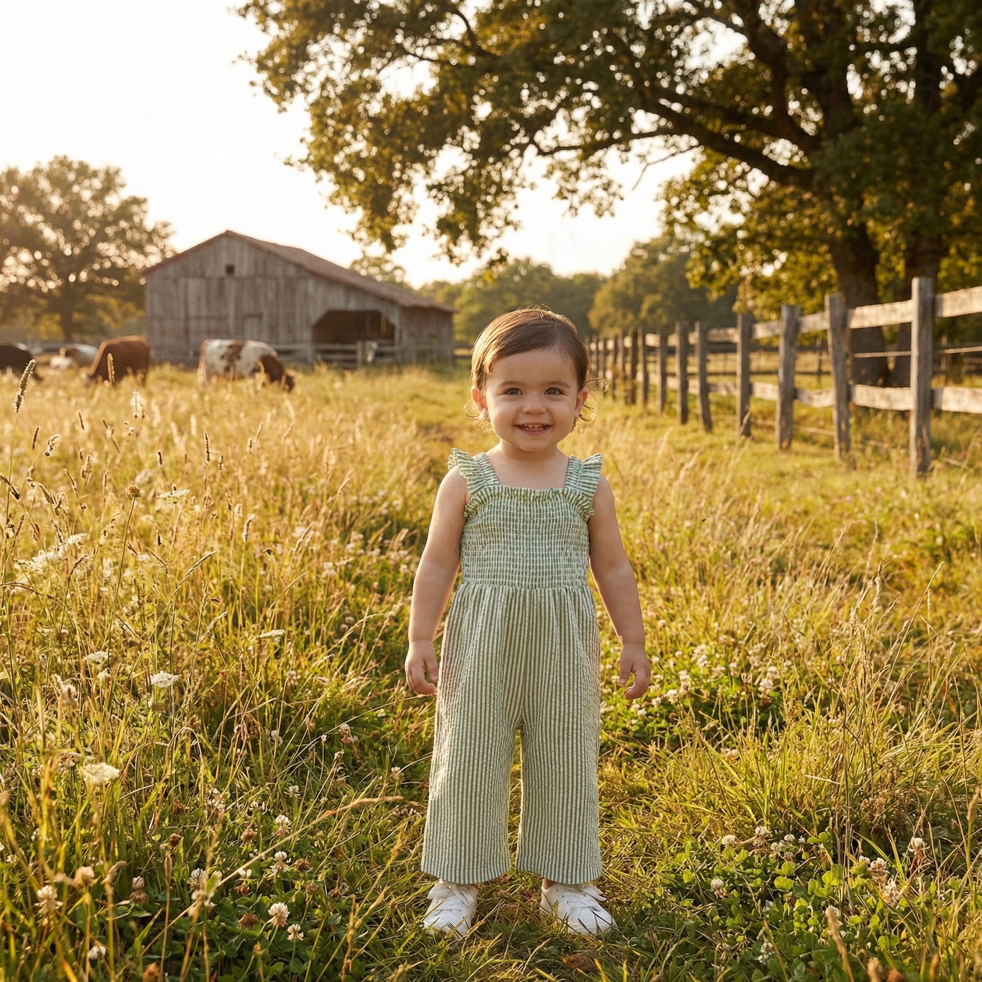 Sage green seersucker smocked jumpsuit for girls with ruffle straps