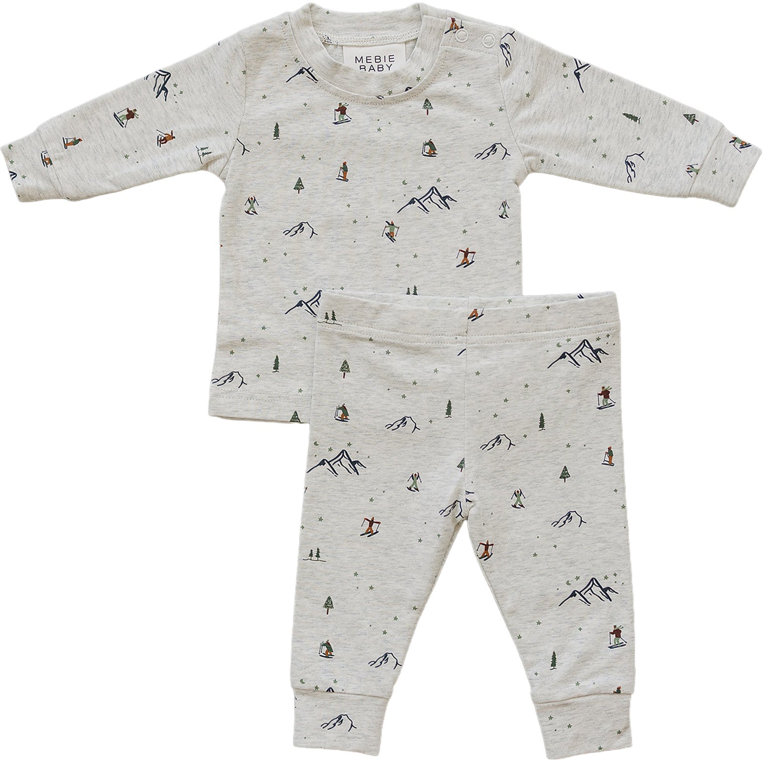 Neutral baby two-piece set with skier and mountain print