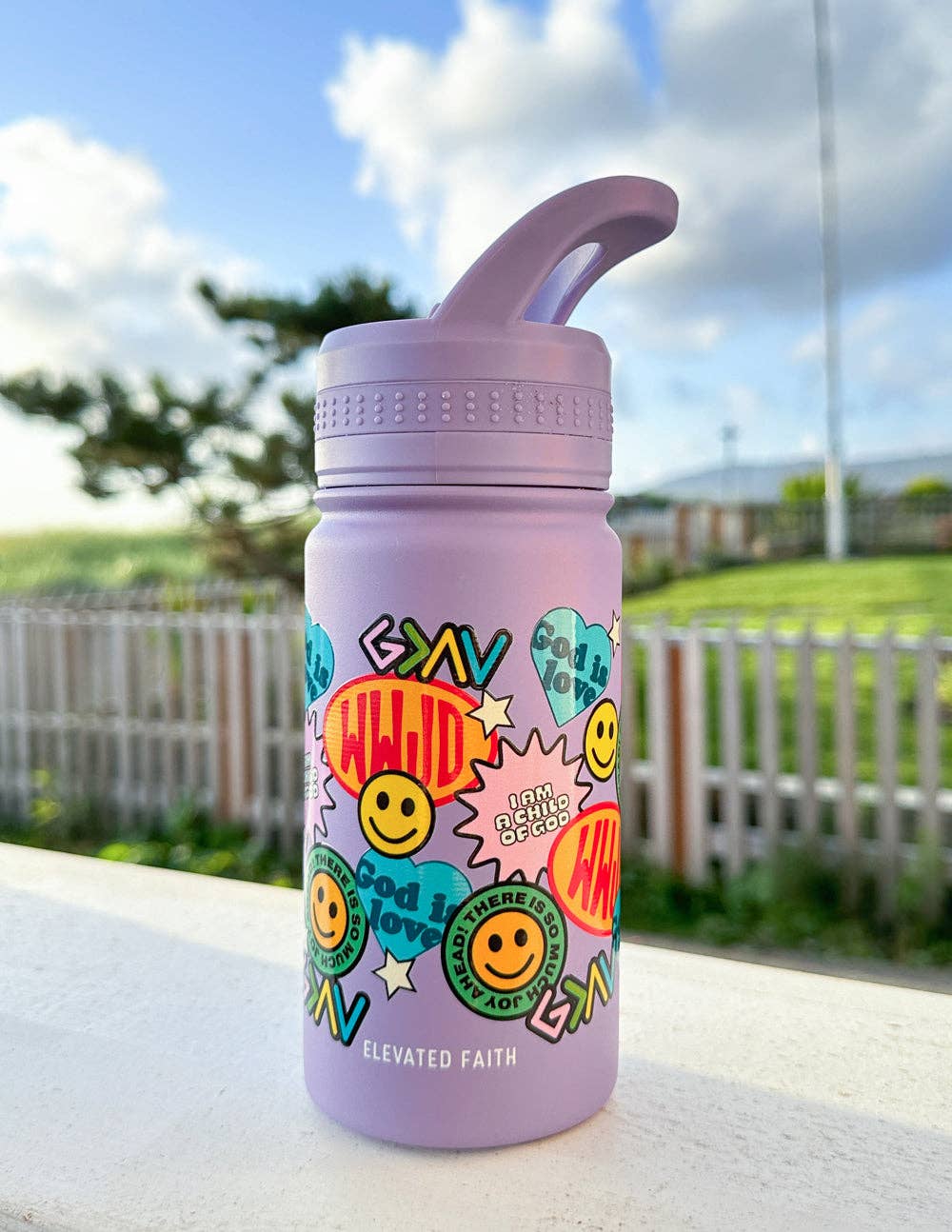 purple stainless steal kids water bottle with christian stickers